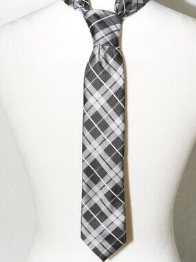 LNC Chaps 2.25” W x 48”L Boys Plaid Tie 100% Polyester Shiny Black Gray White